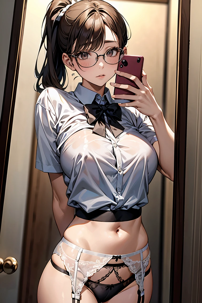(masterpiece, best quality, perfect anatomy:1.1), a woman wearing a lingerie taking a photo of her self in a mirror,phone,japanese 1girl,独奏,23 years old,black ponytail,pattun,bluntbangs,round face,drooping eyes,brown eyes,(blush :1.2),Angle from below,独奏, Big Breasts,circle glasses, sink, mirror,fitting room, Selfie, cellphone, navel, reflection, ((printed white cotton bra and panties)),(uniform:1.6,shirtlift,garter belt:1.3)