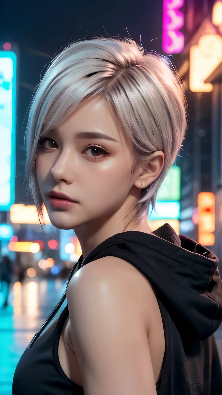 masterpiece, Highest quality, Very detailed, 8k, Realistic, One Girl, alone, Tomboy, Very detailed face, (head shot:1.5), Cyberpunk neon lit futuristic city、Neon lights illuminate the scene, at night, Cyberpunk art, 32K, Ultra HD, Unreal Engine Rendering, Cinema Lighting,Pixie cut white hair, He is wearing a short tank top and an open-zipped hoodie.....,I can see your chest,Nice ass,Wear a New Era cap