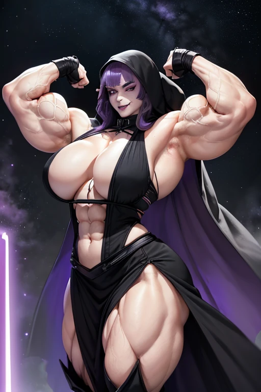 ((Massive, tall, beautiful, buff, muscular pale white skinned asian female Sith Lord with violet purple hair, black lipstick, ginormous bulky muscles, carrying a red lightsaber and wearing a long hooded gothic tiered dress)), ((close view)), black eyeliner, massive muscles, massive biceps, hyper muscle triceps, long hair with long bangs, (((glowing black eyes))), (long hooded gothic tiered dress), thigh high boots, In space, nighttime, (evil smile), hyper muscles arms, hyper muscle legs, massive arms