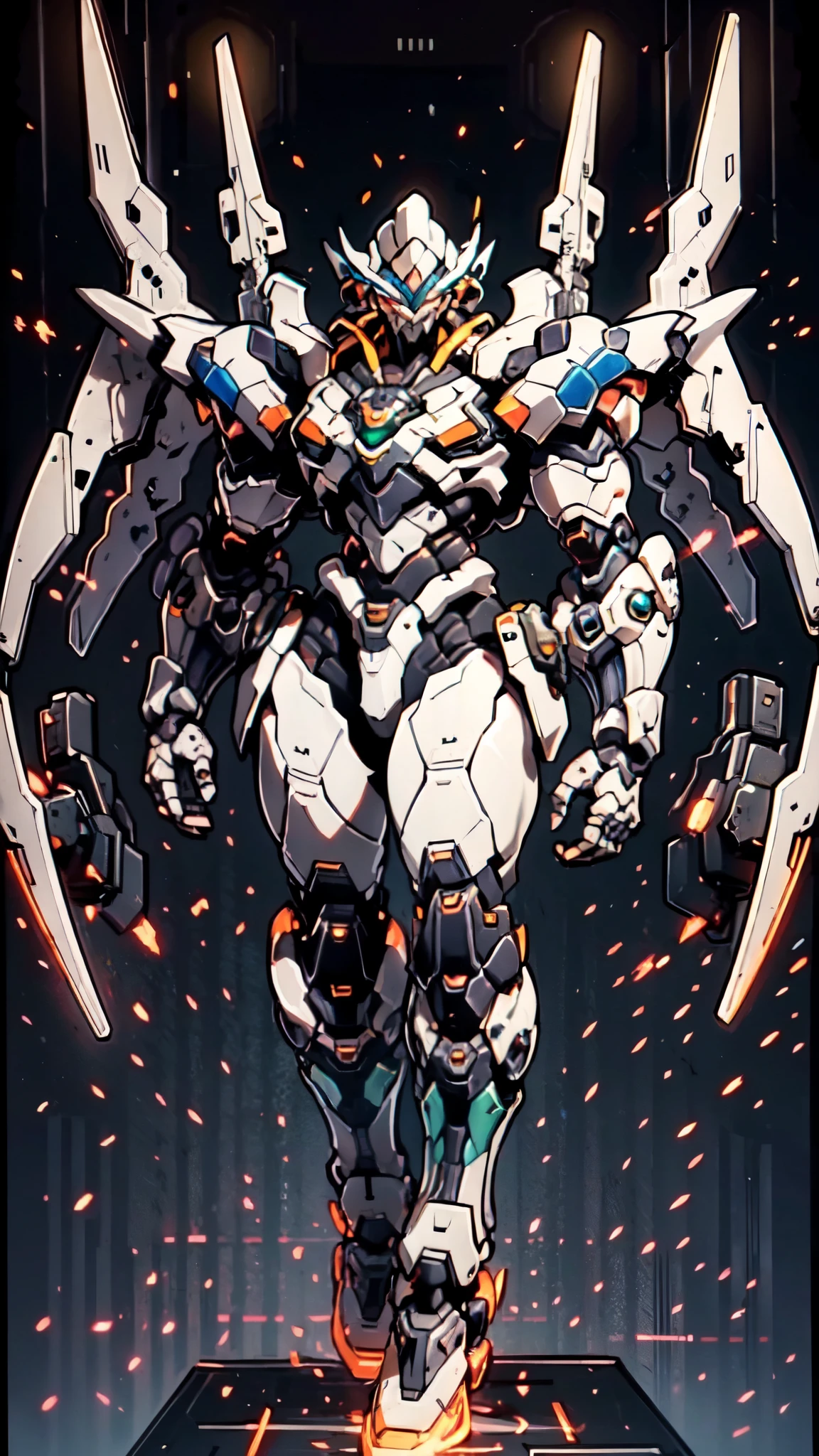 (masterpiece:1.5, best quality:1.5, extremely delicate:1.5), humanoid Mecha, fully enclosed shoulder guards, matching arm and leg guards, full body, full armor, the design balances heavy with agility, (the color scheme is primarily white with red and blue accents, the concept Inspired by Super robot, organic biotech armor, standing, floating high above the futuristic sci-fi city), exquisite and mature art style, (aura effect, energy, glowing eyes, the armor glows), metallic, dramatic, high definition, highres, ultra-detailed, ultra-fine painting, professional, perfect body proportions, anatomically correct, symmetrical face, extremely detailed eyes and face, high quality eyes, creativity, RAW photo, UHD, 32k, Natural light, cinematic lighting, masterpiece-anatomy-perfect