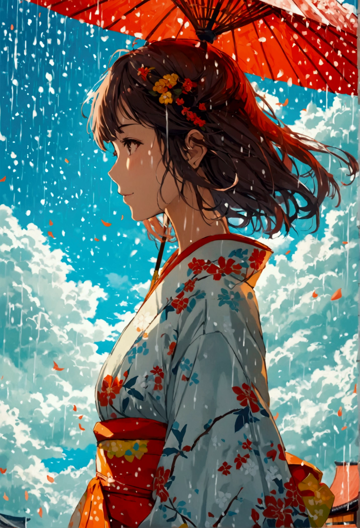 A girl at beautiful Japanese street and huge clouds raining