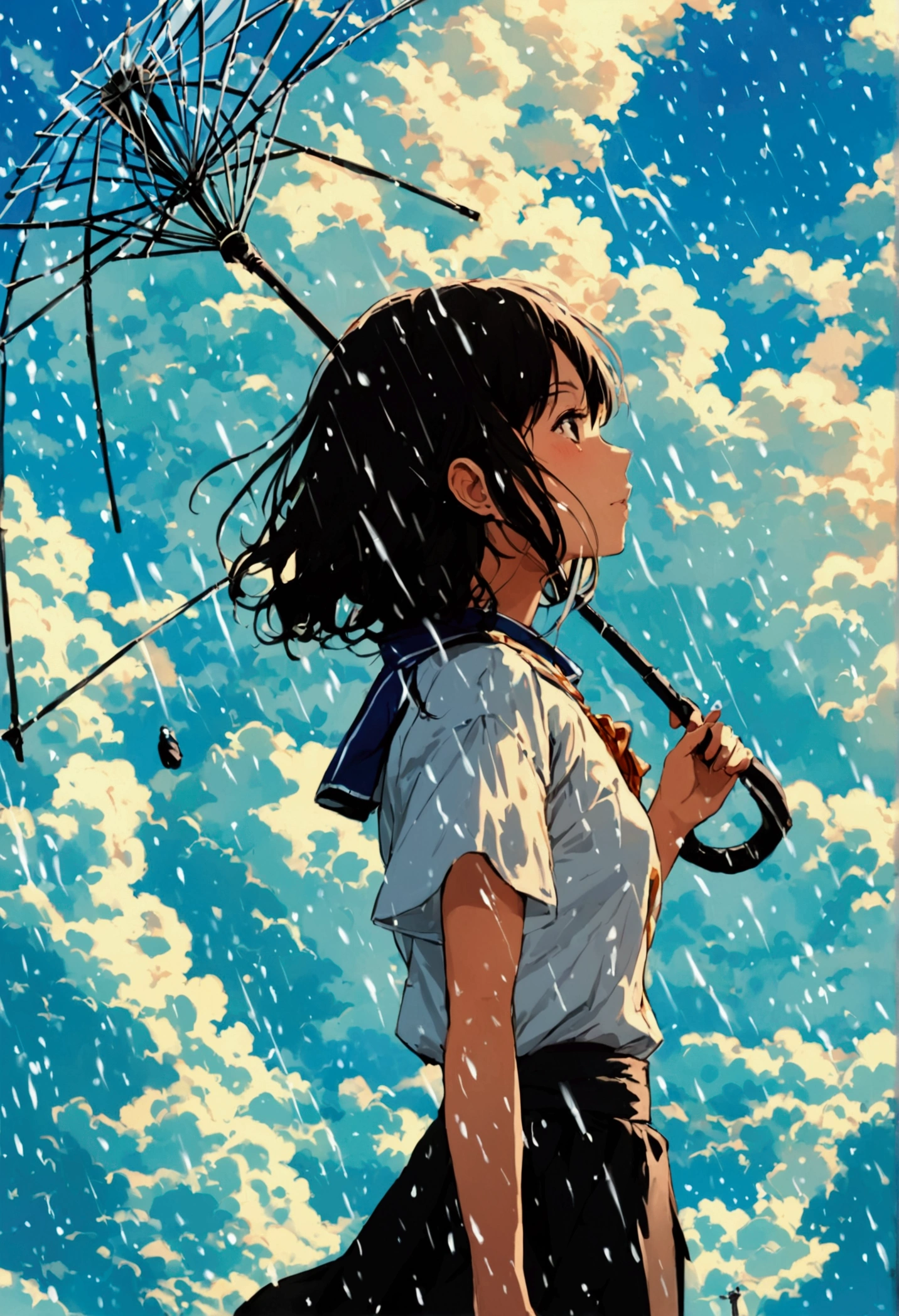 A girl at beautiful Japanese street and huge clouds raining
