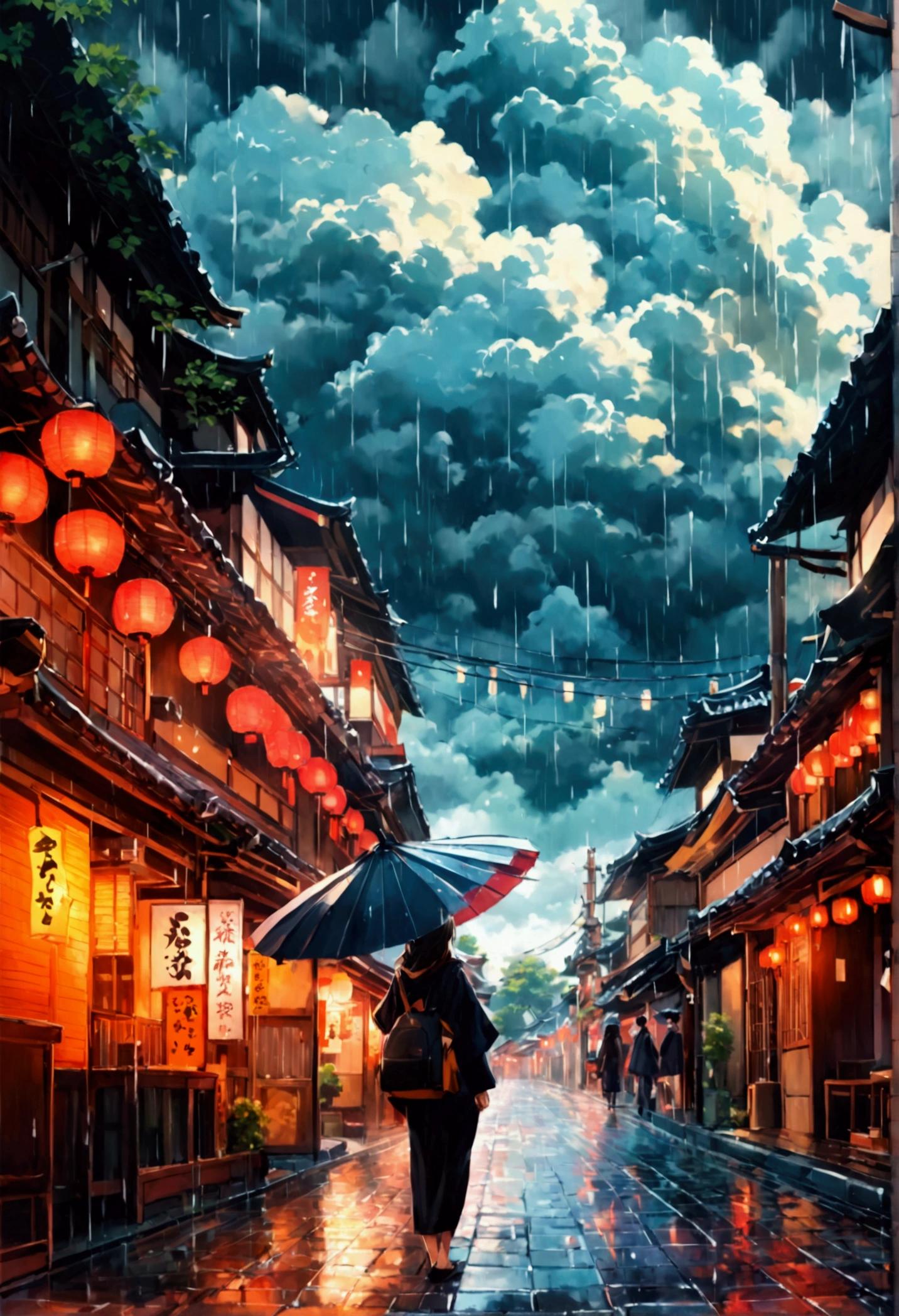 A girl at beautiful Japanese street and huge clouds raining