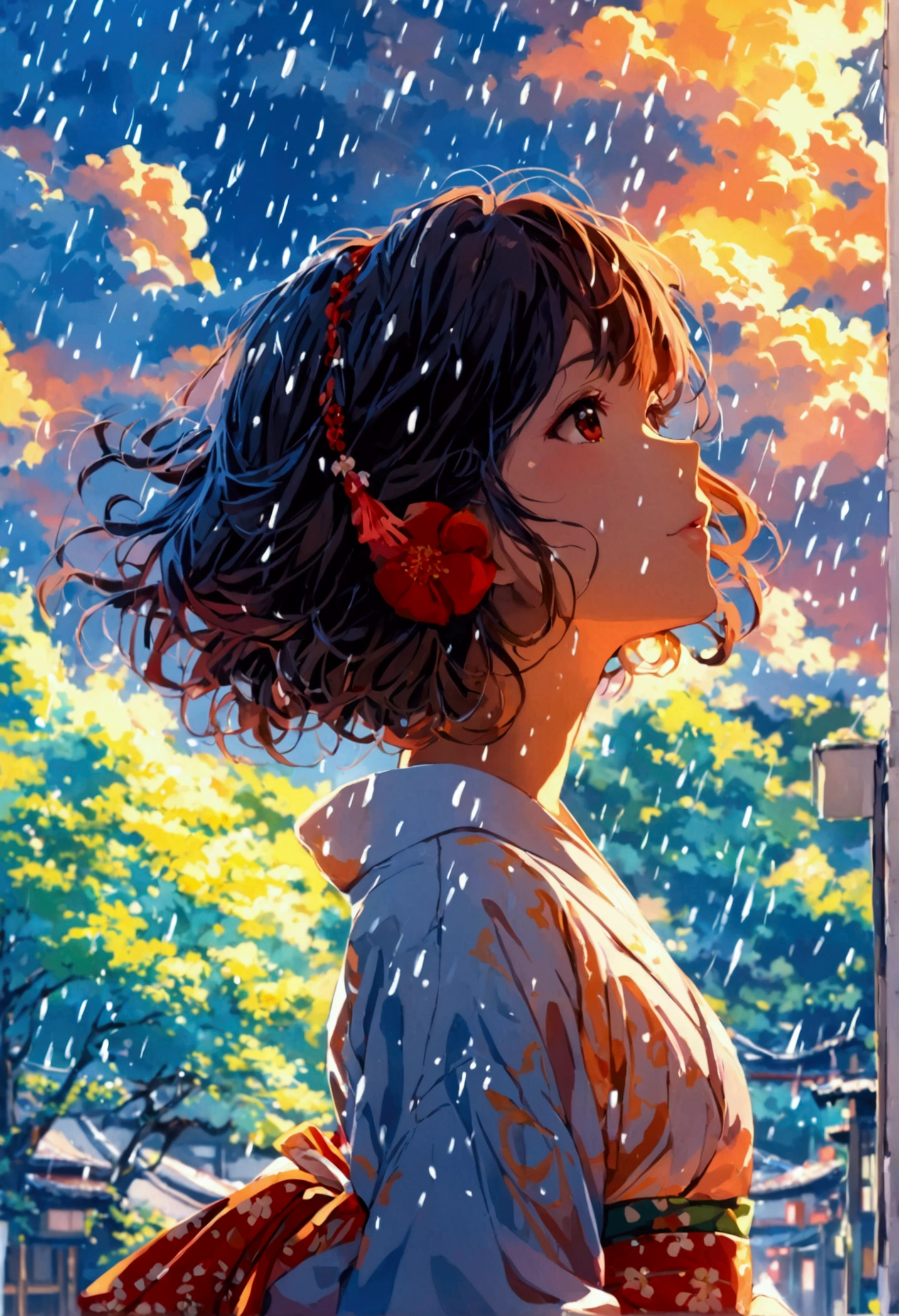 A girl at beautiful Japanese street and huge clouds raining