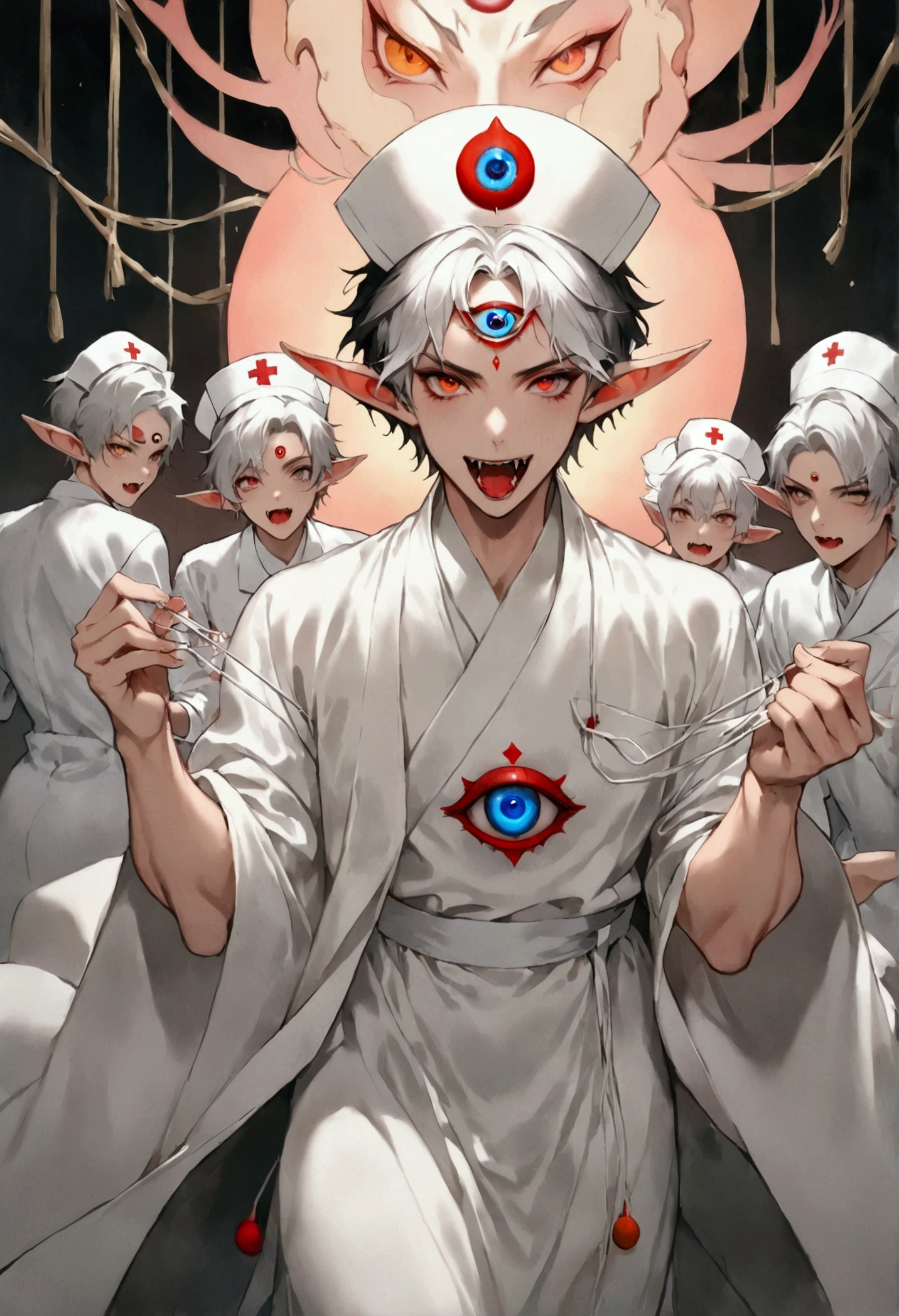 (((Boys short hair,独奏,third eye on the forehead,Elf ears,Fangs))),(((robe:1.6,Eye Diagram,Dark Pattern))).(((Nurse hat,Carrying a string of eyeballs))),whole body,Death Stare Background。body movements