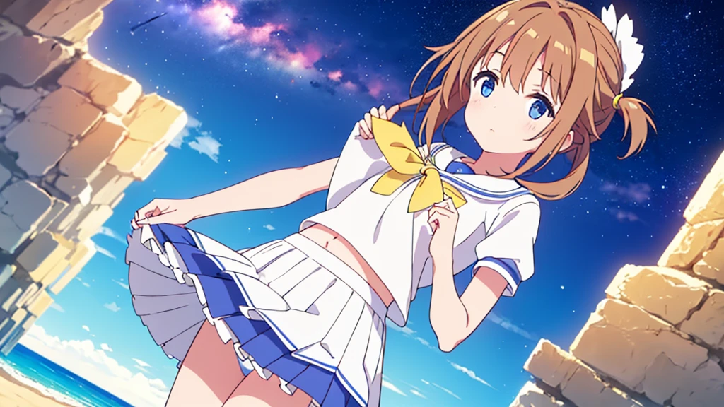 A nice white shirt that lets you see. 、Light blue flared skirt with ruffles、She lifts her skirt with both hands to show off her pretty white underwear.、Cute white underwear visible when you lift your skirt.、sandy beach, beautiful sea, night and starry sky