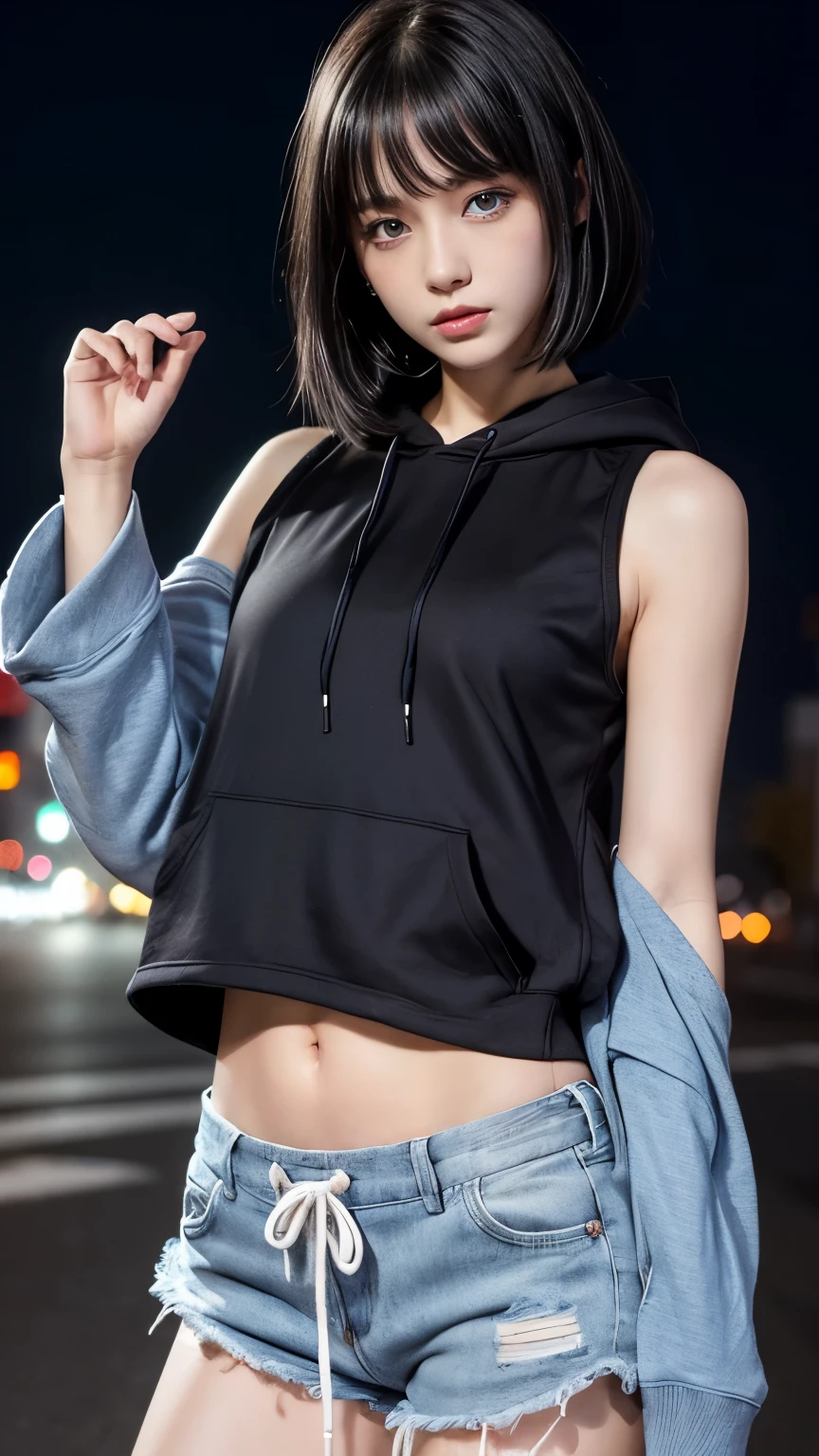 High resolution、1 female、girl、Black Hair、short hair、Slanted Eyes、blue eyes、thin、hoodie、fur、Tank top、Shorts、belly button、Tattoo stickers、Night view