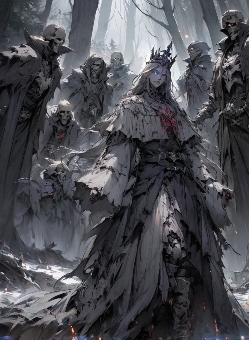 warlock dnd's patron, undead king, blue eyes glowing, dark Woods, cold gray colors, Skeleton army in background, Bloodstained dress