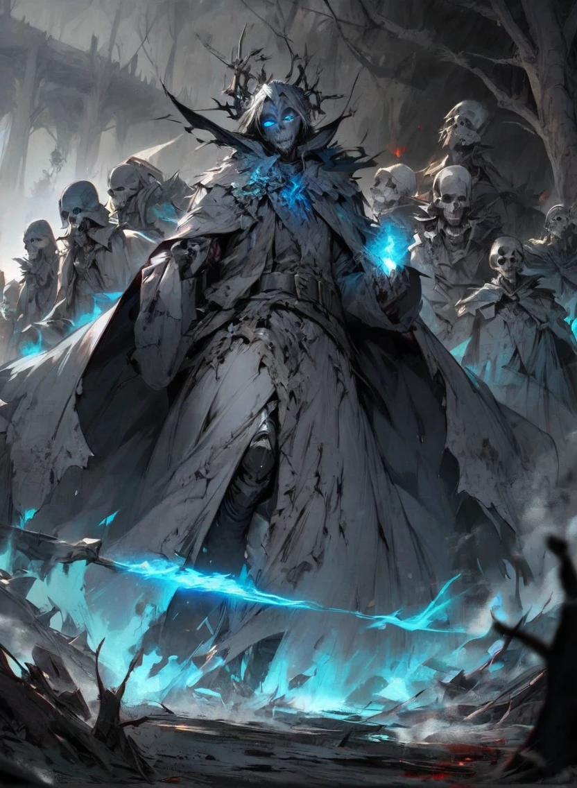 warlock dnd's patron, undead king, blue eyes glowing, dark Woods, cold gray colors, Skeleton army in background, Bloodstained dress