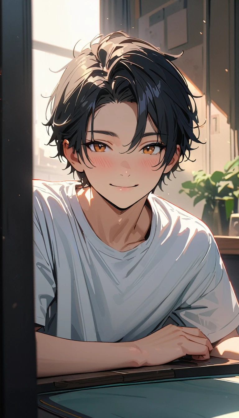 ,masterpiece , modern, Verism, masterpiece, super detail, best quality, 4K , A handsome man, black hair, short hair, light smile, happy