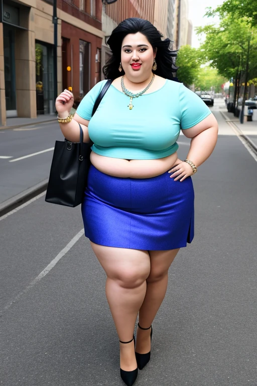 masterpiece, best quality, Real picture, 140kg extremely obese woman, large stomach, mini skirt, high heel, necklace, earring, bracelet