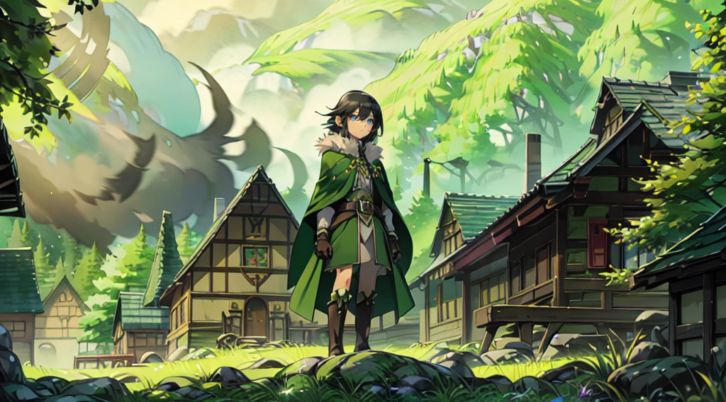 yuichiro hyakuya girl, (WithoutFear:1), 1 girl, black hair, green eyes, brown coat, gray armor, elves, sylvan, green shield, green cloak, dark brown gloves, forest, white fur trim, anime, standing, good quality, portrait, looking at viewer