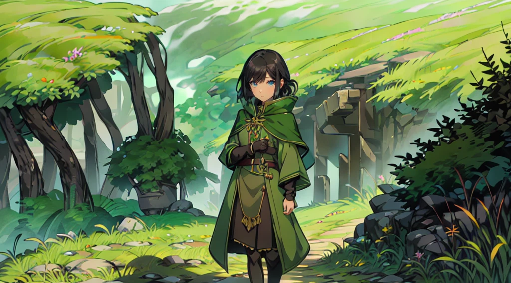 yuichiro hyakuya girl, (WithoutFear:1), 1 girl, black hair, green eyes, brown coat, gray armor, elves, sylvan, green shield, green cloak, dark brown gloves, forest, white fur trim, anime, standing, good quality, portrait, looking at viewer