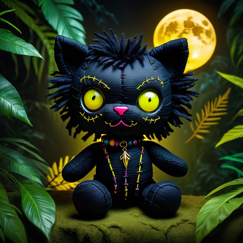 (knitted toy voodoo doll:1.7), (Voodoo Sinister Panther:1.3), (Clothing: sleek black fur with glowing yellow eyes:1.0), (Accessories: enchanted shadow claws, glowing moon necklace, mystical dark jungle:1.2), (background: moonlit jungle with floating, glowing eyes and rustling leaves:1.2), best quality, masterpiece, detailed soft oil painting, detailed background, dramatic cinematic lighting, soft edge lighting, professional, dramatic lighting, hard edge lighting, ultra quality, 4k,masterpiece, best quality, 8k, ultra highres, highres, extremely detailed