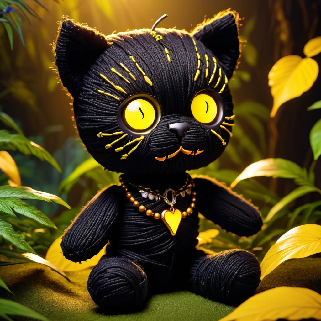 (knitted toy voodoo doll:1.7), (Voodoo Sinister Panther:1.3), (Clothing: sleek black fur with glowing yellow eyes:1.0), (Accessories: enchanted shadow claws, glowing moon necklace, mystical dark jungle:1.2), (background: moonlit jungle with floating, glowing eyes and rustling leaves:1.2), best quality, masterpiece, detailed soft oil painting, detailed background, dramatic cinematic lighting, soft edge lighting, professional, dramatic lighting, hard edge lighting, ultra quality, 4k,masterpiece, best quality, 8k, ultra highres, highres, extremely detailed
