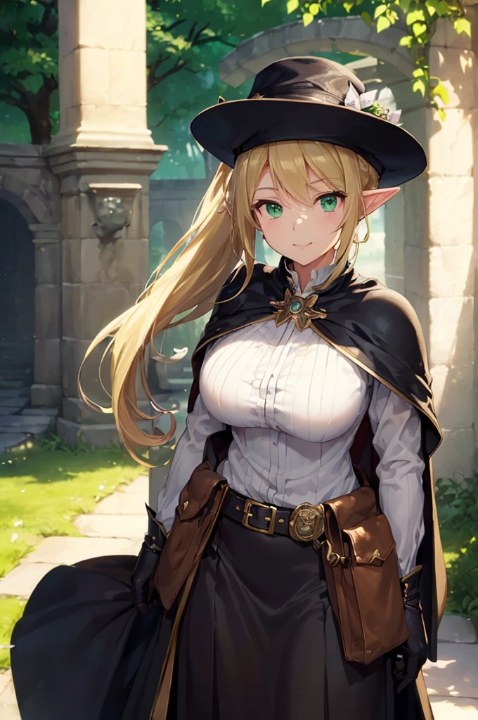 (((masterpiece; best quality: 1.2))), (finely detailed eyes: 1.3), (25 year old elf woman), (solo), (green eyes: 1.4), (body; big breasts, fit, femenine: 1.3), (silky blonde hair in low ponytail: 1.3), (beautiful and clear background: 1.2), ((depth of field)), (equipment: adventurer garb + modest + elegant wide-brimmed hat + dark blouse + dark cape + black long skirt + gloves + belt + pouches: 1.3), (anime illustration: 1.2), (background composition; royal garden: 1.1), (extremely fine and beautiful: 1.1), (shot composition; standing + centered on torso + close-up: 1.5), (expression; calm, smile: 1.2)