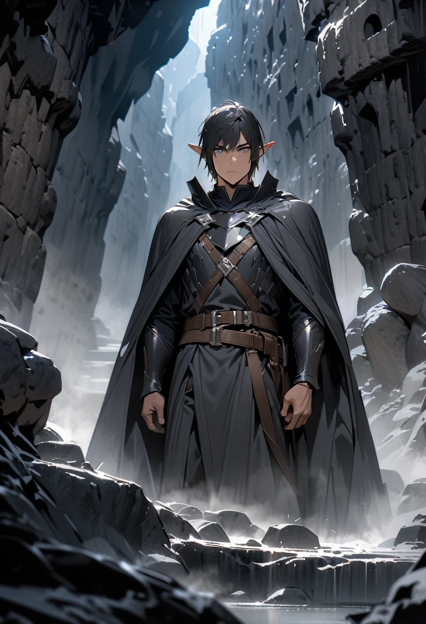 Extremely detailed, 2D, 4K, (best quality, masterpiece), (dark elf male, 1 man), Black Hair, Dark skin, Gray eyes, (Dark Smooth Armor, cloak), belt, small scar, Male focus, Upper Body, fantasy, Pitch-black cave, Dungeons, stone buildings, Dark, FOG, Dark gray blue light, (calm)