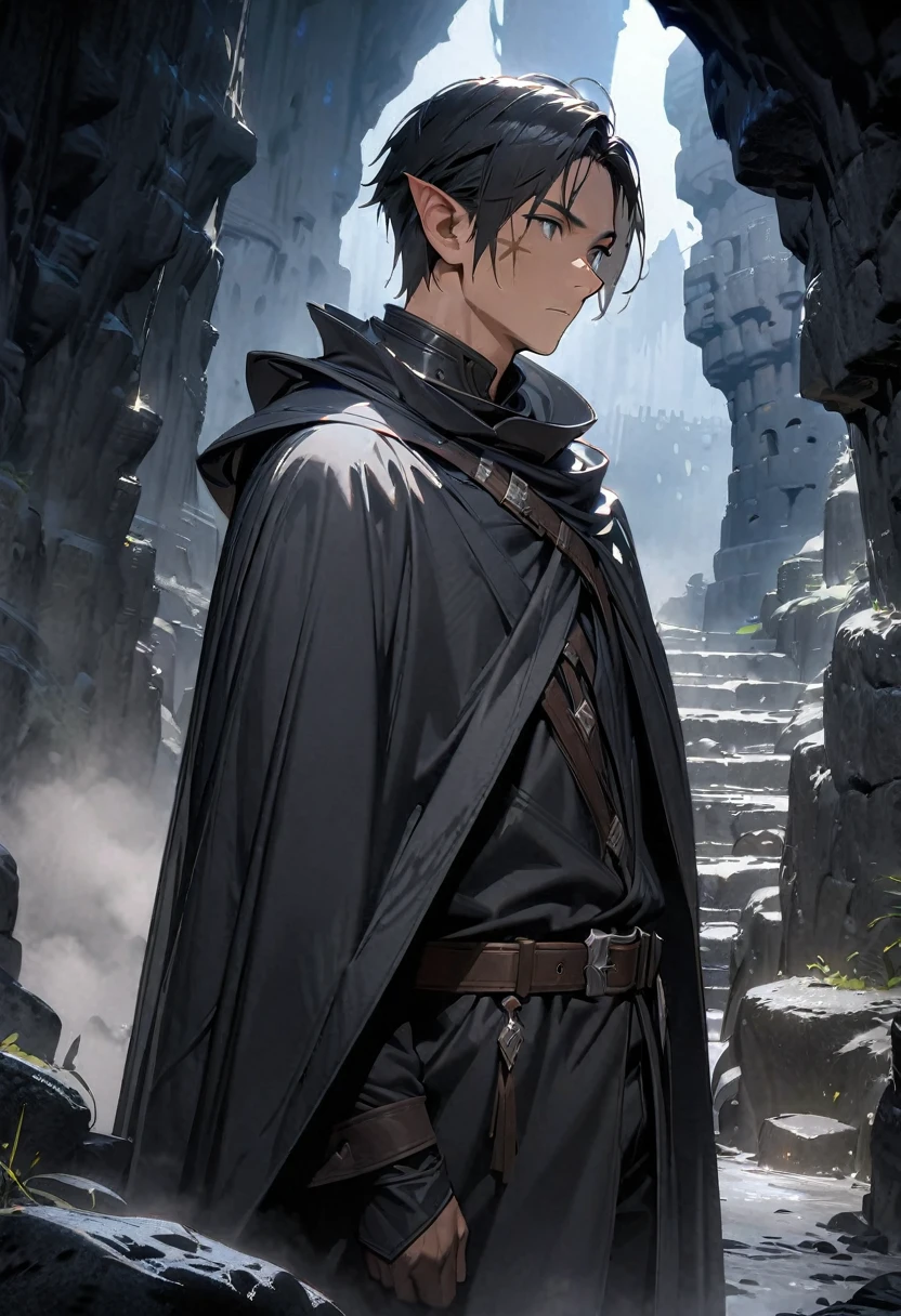 Extremely detailed, 2D, 4K, (best quality, masterpiece), (dark elf male, 1 man), Black Hair, Dark skin, Gray eyes, (Dark Smooth Armor, cloak), belt, small scar, Male focus, Upper Body, fantasy, Pitch-black cave, Dungeons, stone buildings, Dark, FOG, Dark gray blue light, (calm)