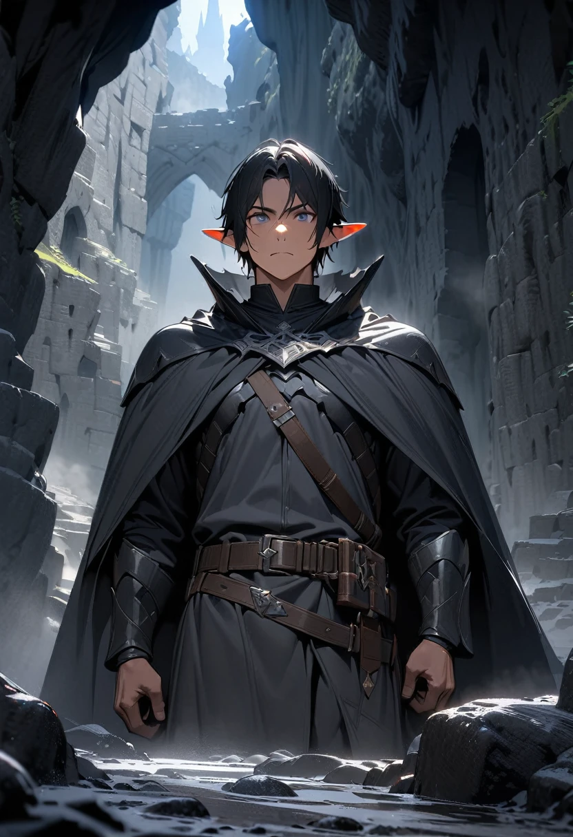 Extremely detailed, 2D, 4K, (best quality, masterpiece), (dark elf male, 1 man), Black Hair, Dark skin, Gray eyes, (Dark Smooth Armor, cloak), belt, small scar, Male focus, Upper Body, fantasy, Pitch-black cave, Dungeons, stone buildings, Dark, FOG, Dark gray blue light, (calm)