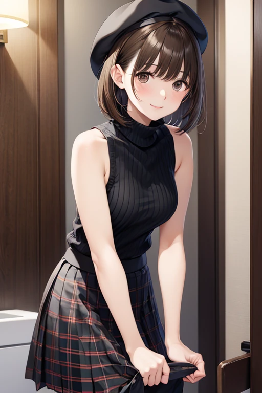 anegasaki nene、Shiny brown hair, short hair, (Beautiful brown eyes、Sparkling eyes, Fine grain)、smile、超detailedな目、非常にdetailedな顔, 非常にdetailedな目,


Highest quality, masterpiece, High resolution, detailed, Digital Art,  short hair, Brown hat, 
Black sweater, Sleeveless turtleneck, Checked skirt, Bathroom,  Long skirt,