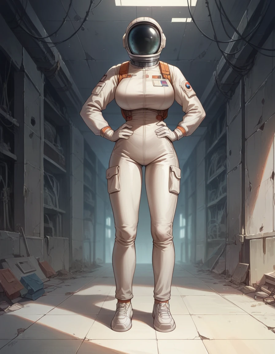 Masterpiece, best quality, Masterpiece, best quality, 1 woman, astronaut suit , wear a hat , big breasts , abdomen , Long legs . , shoe , full body , abandoned factory , at night