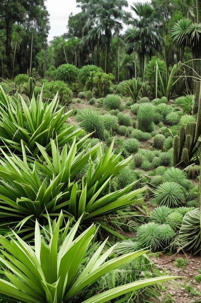 there is a very tall plant with many green leaves, a screenshot by Federico Zuccari, flickr, hurufiyya, flowering pineapples, made of cactus spines, huge spines, strange vegetation, cabbage trees, vicious snapping alligator plant, lots of weird alien plants, deadly alien plants, large exotic flowers, exotic alien flora, alien plant