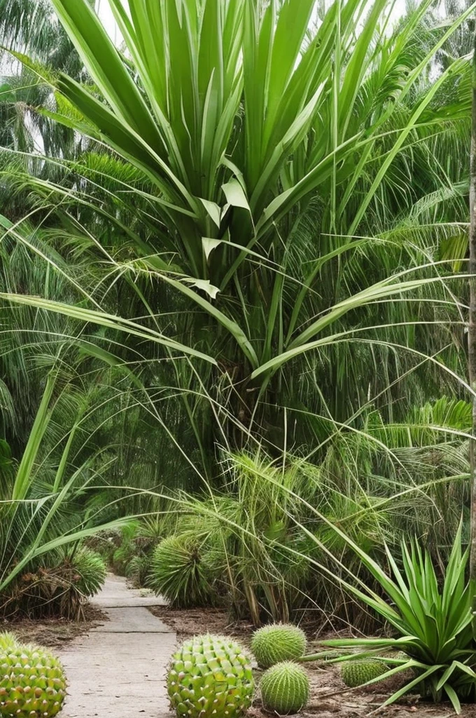 there is a very tall plant with many green leaves, flowering pineapples, made of cactus spines, huge spines, strange vegetation, cabbage trees, vicious snapping alligator plant, lots of weird alien plants, deadly alien plants, large exotic flowers, exotic alien flora, alien plant, proteus vulgaris, ornate spikes, mmmmm, strange flora