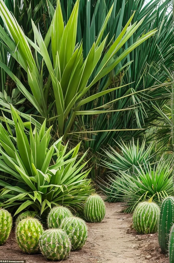 there is a very tall plant with many green leaves, flowering pineapples, made of cactus spines, huge spines, strange vegetation, cabbage trees, vicious snapping alligator plant, lots of weird alien plants, deadly alien plants, large exotic flowers, exotic alien flora, alien plant, proteus vulgaris, ornate spikes, mmmmm, strange flora