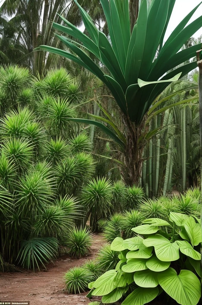 there is a very tall plant with many green leaves, flowering pineapples, made of cactus spines, huge spines, strange vegetation, cabbage trees, vicious snapping alligator plant, lots of weird alien plants, deadly alien plants, large exotic flowers, exotic alien flora, alien plant, proteus vulgaris, ornate spikes, mmmmm, strange flora