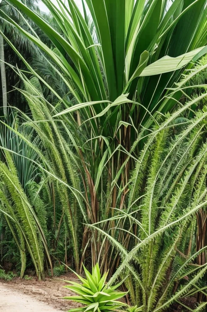 there is a very tall plant with many green leaves, flowering pineapples, made of cactus spines, huge spines, strange vegetation, cabbage trees, vicious snapping alligator plant, lots of weird alien plants, deadly alien plants, large exotic flowers, exotic alien flora, alien plant, proteus vulgaris, ornate spikes, mmmmm, strange flora