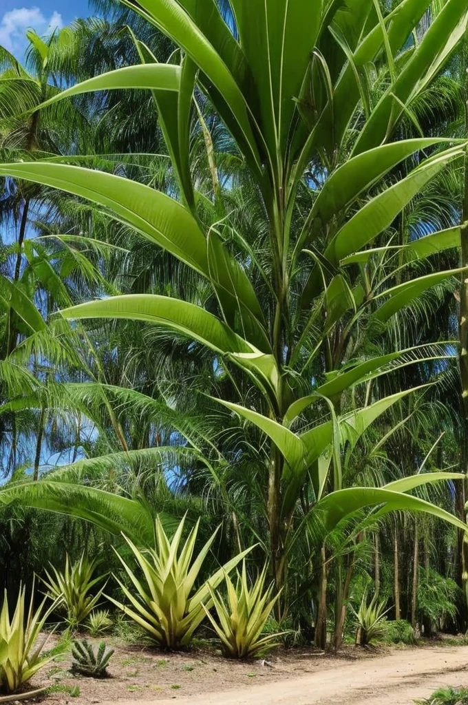 there is a very tall plant with many green leaves, flowering pineapples, made of cactus spines, huge spines, strange vegetation, cabbage trees, vicious snapping alligator plant, lots of weird alien plants, deadly alien plants, large exotic flowers, exotic alien flora, alien plant, proteus vulgaris, ornate spikes, mmmmm, strange flora