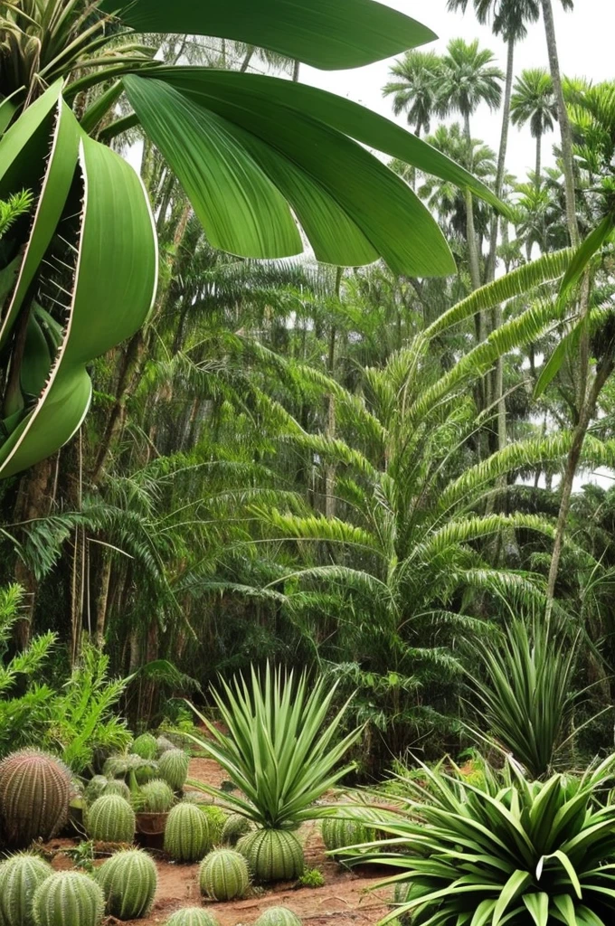 there is a very tall plant with many green leaves, a screenshot by Federico Zuccari, flickr, hurufiyya, flowering pineapples, made of cactus spines, huge spines, strange vegetation, cabbage trees, vicious snapping alligator plant, lots of weird alien plants, deadly alien plants, large exotic flowers, exotic alien flora, alien plant