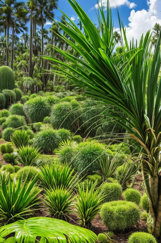 there is a very tall plant with many green leaves, flowering pineapples, made of cactus spines, huge spines, strange vegetation, cabbage trees, vicious snapping alligator plant, lots of weird alien plants, deadly alien plants, large exotic flowers, exotic alien flora, alien plant, proteus vulgaris, ornate spikes, mmmmm, strange flora