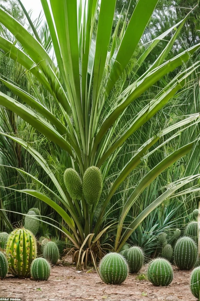 there is a very tall plant with many green leaves, flowering pineapples, made of cactus spines, huge spines, strange vegetation, cabbage trees, vicious snapping alligator plant, lots of weird alien plants, deadly alien plants, large exotic flowers, exotic alien flora, alien plant, proteus vulgaris, ornate spikes, mmmmm, strange flora