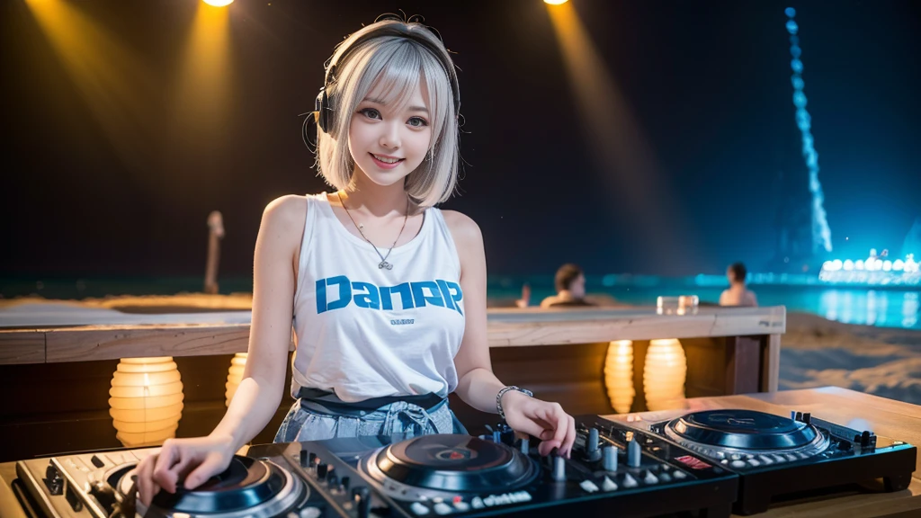 (ultra - detailed, 16K resolution, Cinema lenses, rendering by octane), (high resolution:1.18), intricate detail, (masterpiece:1.1), (highest quality:1.1), (1girl, portrait, white hair, blue eyes, short hair, detailed eyes),Wearing silver DJ headphones, sequined T-shirt, (in the beach:1.5), (Iconic hip-hop pop costumes:1.3), Smile while DJing on stage, DJ studio next to the beach, ((A stylish DJ stage on a hill overlooking the beach)), full body shot, Photorealistic photography by Sunshine, (cute round face:1.3), perfect fingers, five fingers, beautiful hands, perfect hands. master peace, cute smile, Fixhand.