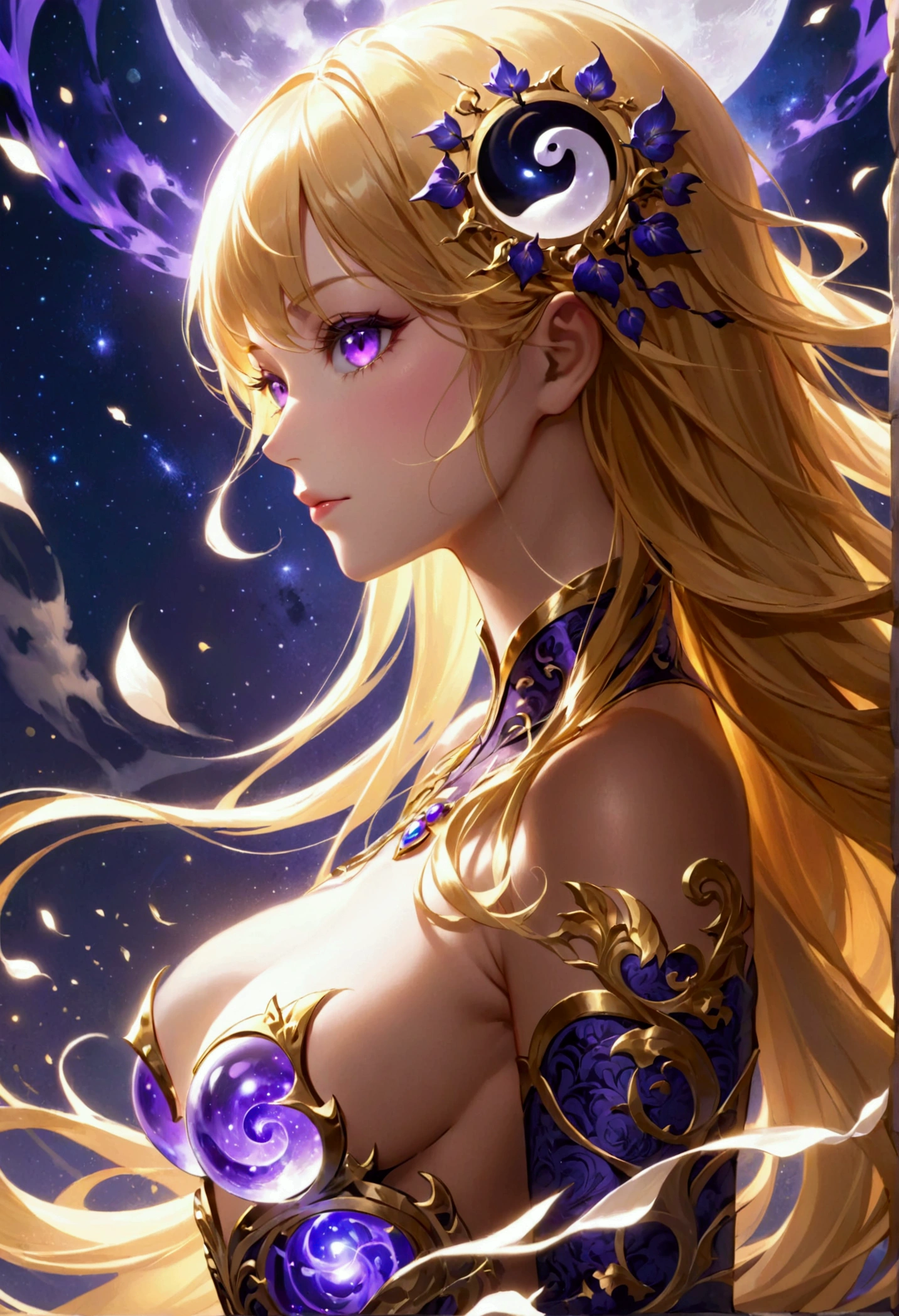 Adult female,long golden hair, purple eyes,hourglass body figure,ying yang outfit