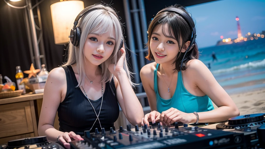 (ultra - detailed, 16K resolution, Cinema lenses, rendering by octane), (high resolution:1.18), intricate detail, (masterpiece:1.1), (highest quality:1.1), (1girl, portrait, white hair, blue eyes, short hair, detailed eyes),Wearing silver DJ headphones, sequined T-shirt, (in the beach:1.5), (Iconic hip-hop pop costumes:1.3), Smile while DJing on stage, DJ studio next to the beach, ((A stylish DJ stage on a hill overlooking the beach)), full body shot, Photorealistic photography by Sunshine, (cute round face:1.3), perfect fingers, five fingers, beautiful hands, perfect hands. master peace, cute smile, Fixhand.