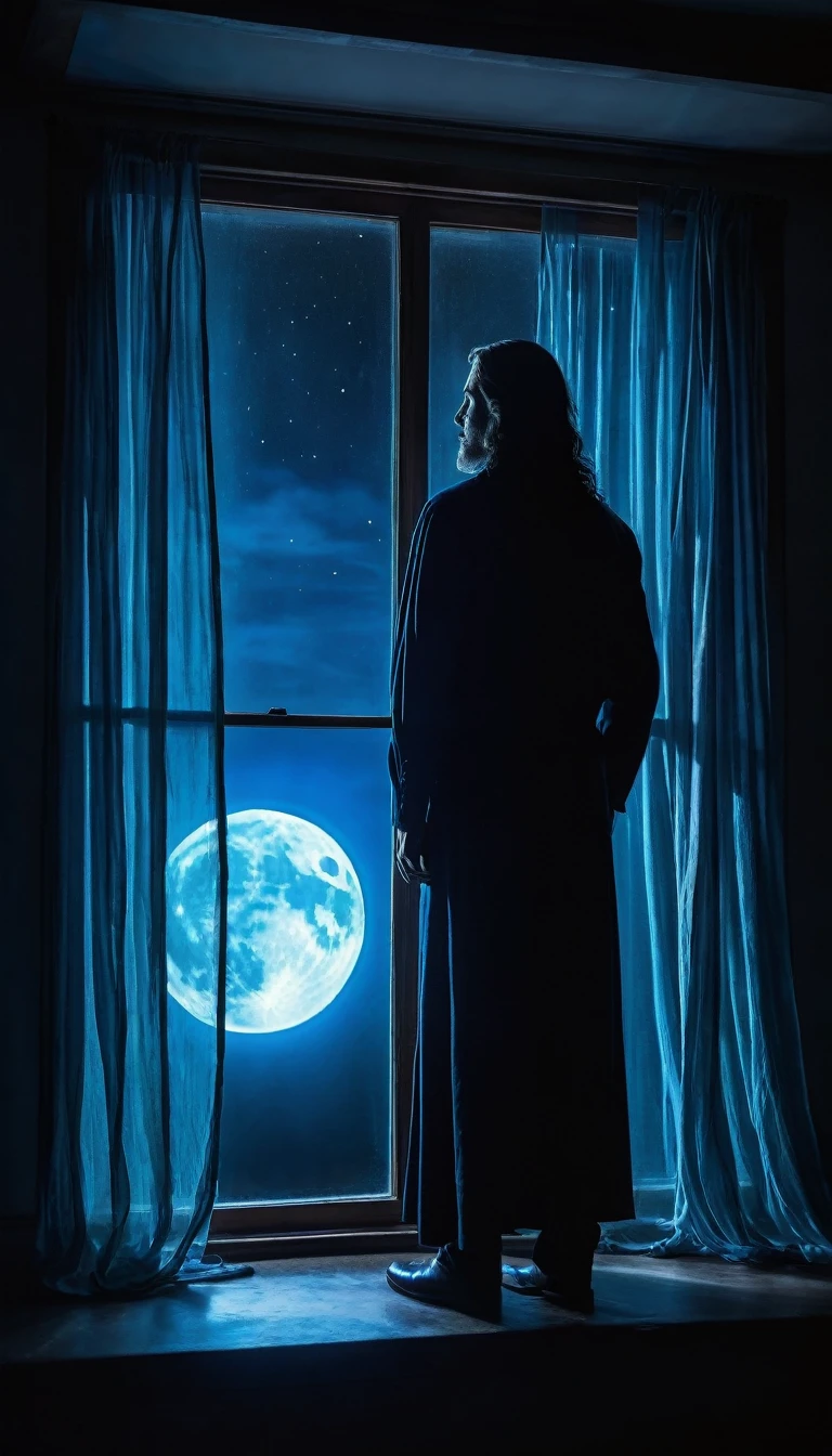 a large window with its fluttering curtains, showing the beautiful shadow of a man with long hair, the bright blue light of the moon entering the window, a ghostly and romantic atmosphere