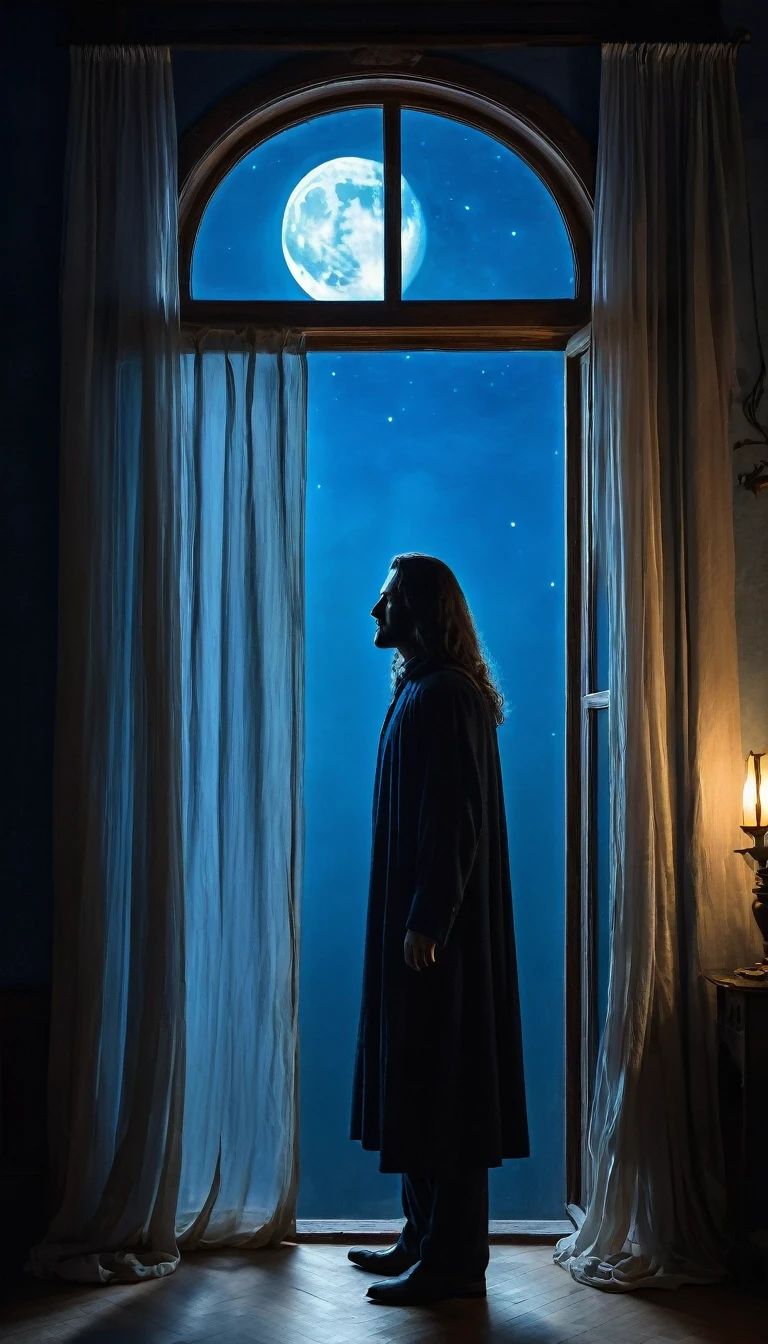 a large window with its fluttering curtains, showing the beautiful shadow of a man with long hair, the bright blue light of the moon entering the window, a ghostly and romantic atmosphere