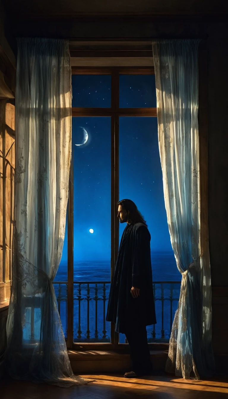 a large window with its fluttering curtains, showing the beautiful shadow of a man with long hair, the bright blue light of the moon entering the window, a ghostly and romantic atmosphere