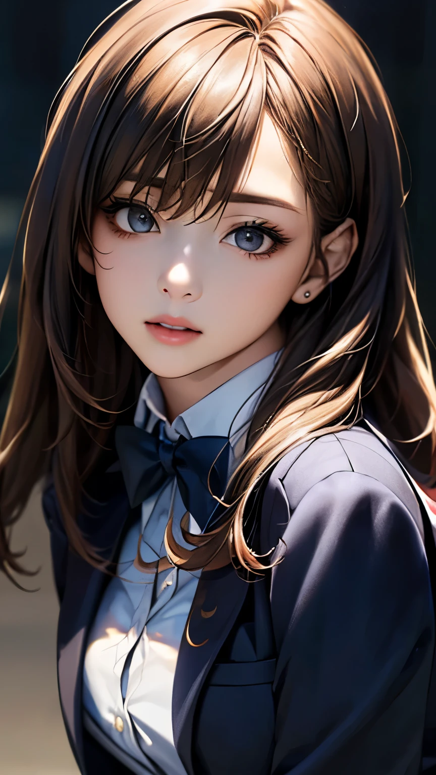 (hig彼st quality、8k、32K、masterpiece)、(Realistic)、(Realistic:1.2)、(High resolution)、Very detailed、Very beautiful face and eyes、1 girl、Delicate body、(hig彼st quality、Attention to detail、Rich skin detail)、(hig彼st quality、8k、Oil paints:1.2)、Very detailed、(Realistic、Realistic:1.37)、Bright colors、Full Body Shot, ((high school girl:1.6, Navy Blazer:1.6, Navy pleated mini skirt)), (Closed blazer, Grey bow tie, White collared shirt, Black thigh-high socks)