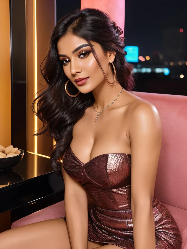 Here is the modified prompt:
Create an ultra-realistic image of a modern, attractive female influencer of Indian descent, aged between 27 to 30. She should have a warm and inviting smile, expressive almond-shaped eyes with a slight shimmer, and clear, glowing skin with a medium brown complexion. Her features should be well-defined, with high cheekbones and a sharp jawline. Her hair should be long, thick, and styled in an intricate updo with curls and volume, with a deep, reddish-purple hue that’s bold yet sophisticated. She should have a slender yet athletic build with a medium bust size (40-42 inches), reflecting a healthy and active lifestyle.
She is wearing a strapless dress, elegant and perfect for parties, in a deep red color. Her outfit is completed with stylish black heeled sandals that add elegance to her look. She accessorizes with subtle yet chic jewelry, such as small hoop earrings and a few thin bangles.
The background should be a vibrant nightclub or bar, with an energetic and lively setting featuring neon lights and modern decor, suggesting a cosmopolitan nightlife experience. Her overall appearance should exude confidence, approachability, and sophistication, capturing the essence of a contemporary Indian fashion influencer.