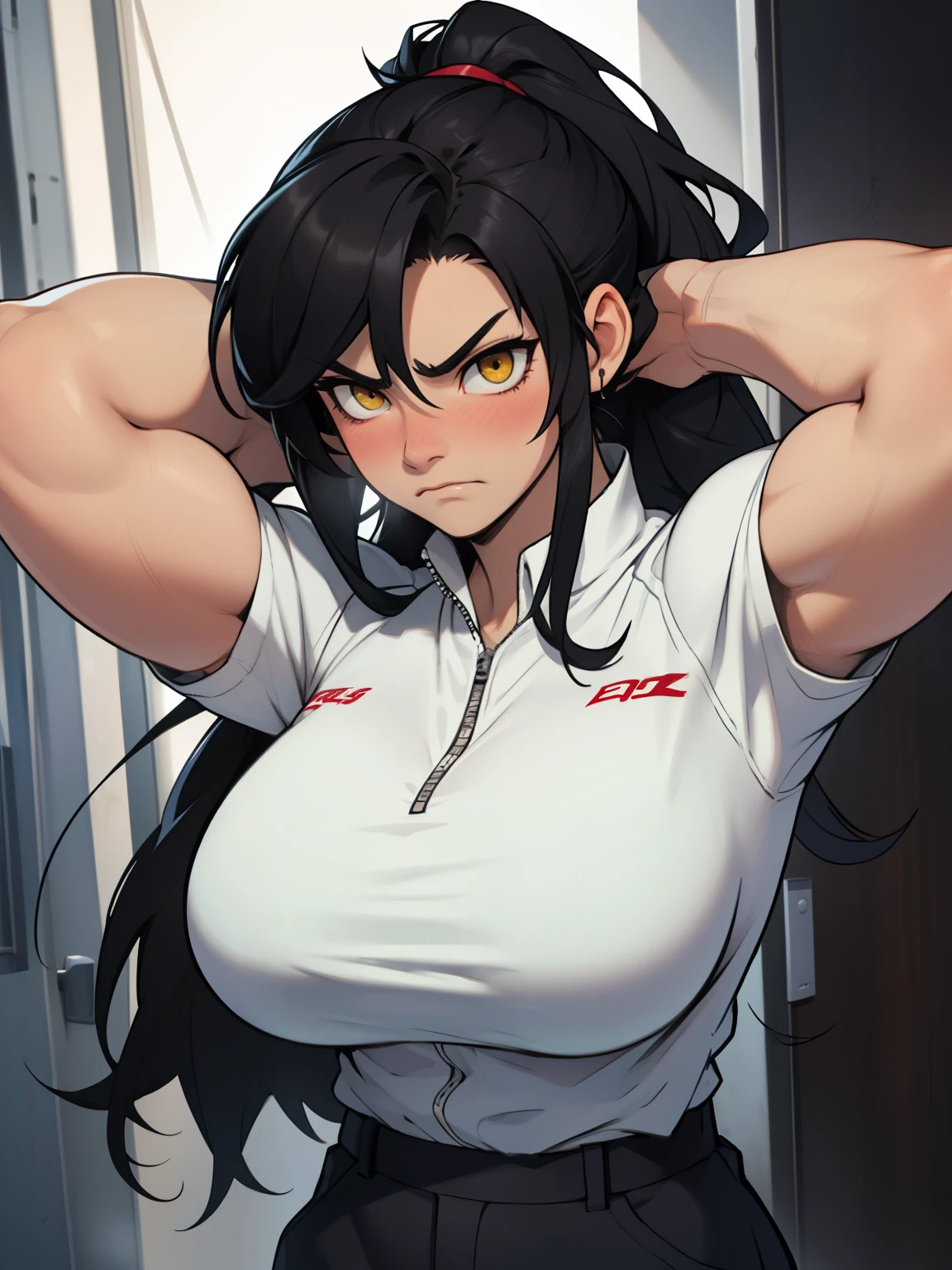 girl muscles huge breasts pale skin very long hair black hair yellow eyes sad blushing solo frown ponytail