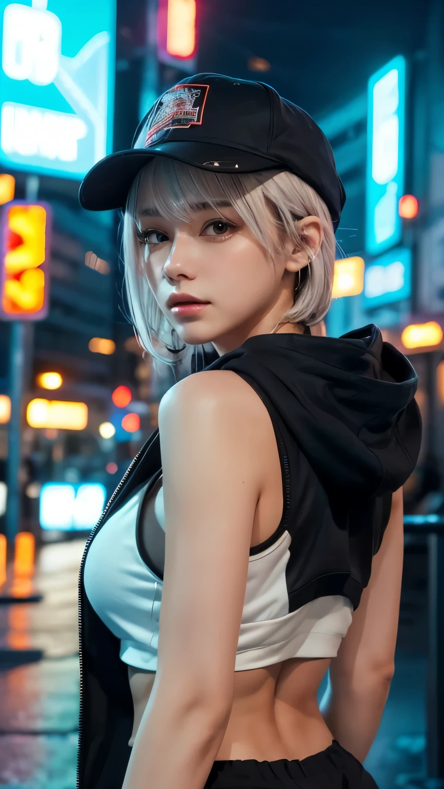 masterpiece, Highest quality, Very detailed, 8k, Realistic, One Girl, alone, Tomboy, Very detailed face, (head shot:1.5), Cyberpunk neon lit futuristic city、Neon lights illuminate the scene, at night, Cyberpunk art, 32K, Ultra HD, Unreal Engine Rendering, Cinema Lighting,Pixie cut white hair, He is wearing a short tank top and an open-zipped hoodie.....,I can see your chest,Nice ass,Wear a New Era cap