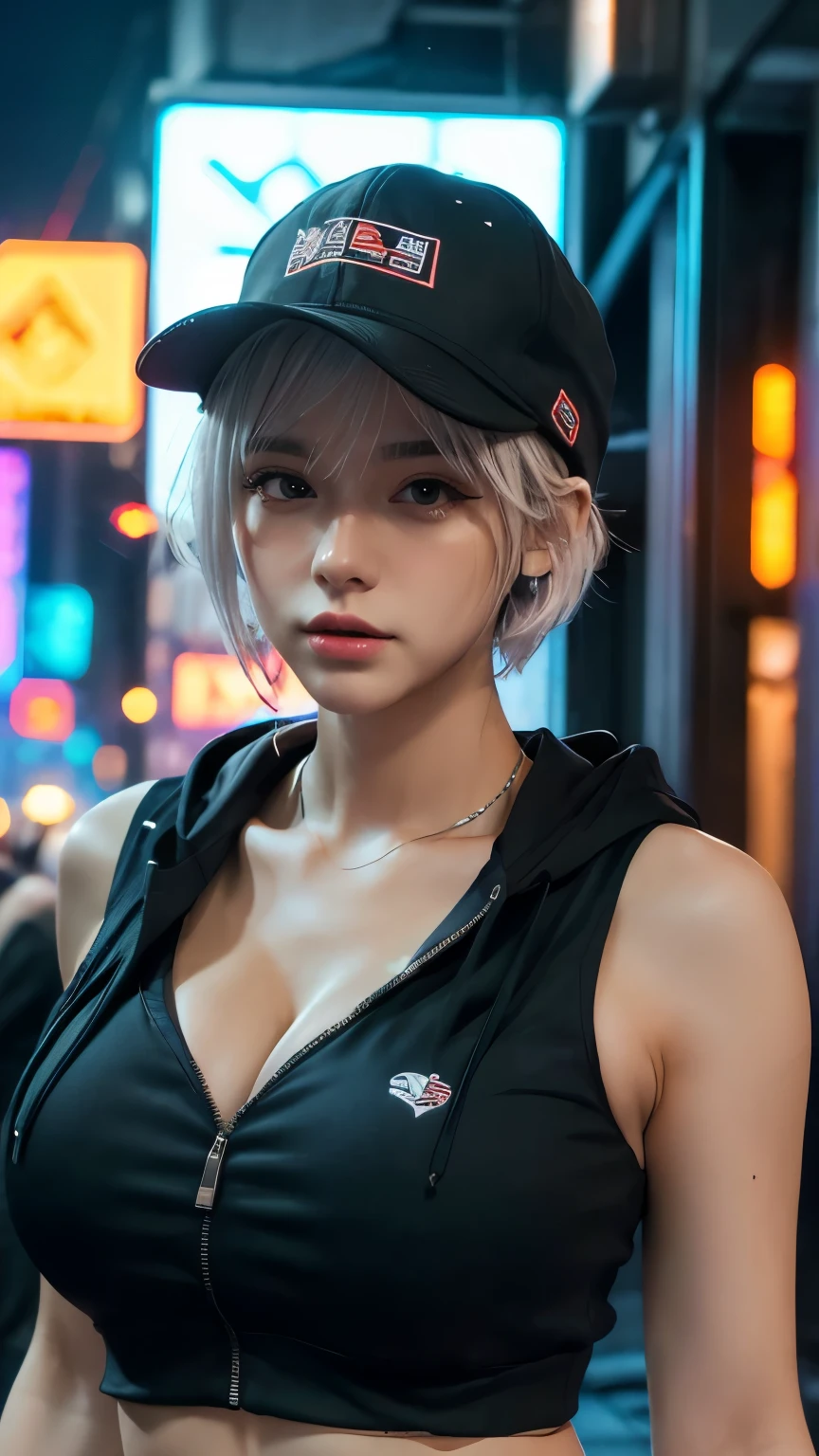 masterpiece, Highest quality, Very detailed, 8k, Realistic, One Girl, alone, Tomboy, Very detailed face, (head shot:1.5), Standing in front of a wall covered in hip hop graffiti, Cyberpunk neon cityscape,Pixie cut white hair, She is wearing a short neon tank top and an open hoodie....,I can see your chest,Nice ass,Wear a New Era cap