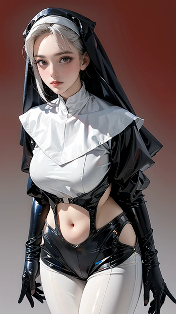 1 mature female，,solitary,Medium breasts,(Thigh gap:1.2),(Cowboy shooting:1.2),Ruan Yi 020,Crouching Cowboy,Black pantyhose,,nun,Capulet,(White hair),, (masterpiece, best quality, Employed, high resolution:1.2), (Very detailed, Practical, Intricate details, high resolution), 3d, CG,  BBW, Glowing skin, , blush,, Eyeliner, Eyeshadow, eyelash,, (Huge breasts, Breast sagging:1.1), (light, Sunlight, volume), Looking at the audience, Simple red background, vintage fantasy, 1960s \(style\), Film Grain,，front stance ，For the audience，Full body portrait，Gray background