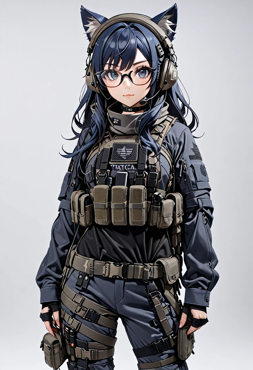 8K Ultra High-Quality, ultra-detailed, High quality, Dark Blue hair, Long hair, Headset, Goggles, cat girl, Grey Tactical clothes, Military clothes, body harness, Looking at viewer, choker, glasses, full body