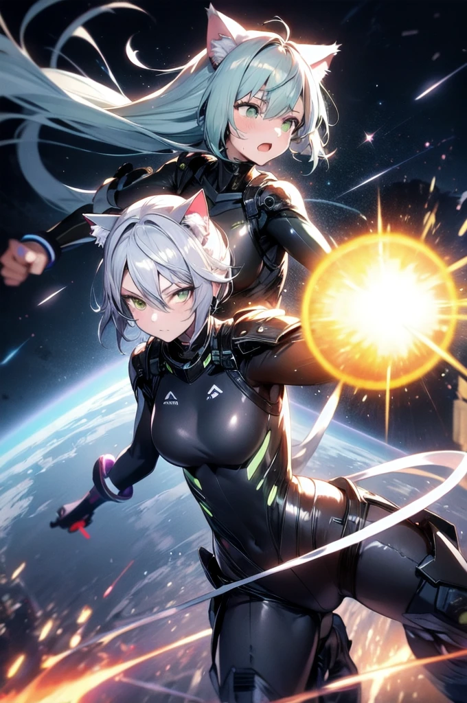 A silver-haired beautiful girl with cat ears eyes are green hair is silver and long clothes: a form-fitting black combat suit The fist is an afterimage The background is a city at night her is in a cat-like fighting pose The year is 14 years monitor, Dark Night, Sweat, Steam of Exhalation, Space, Battle, Dynamic Angle one girl