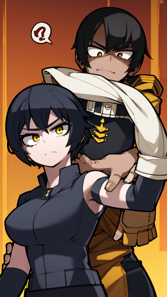 Woman, short black hair, yellow eyes, perfect body, very beautiful,military style superhero costume, Boku no hero academy,Taking a selfie, with five fingers on each hand