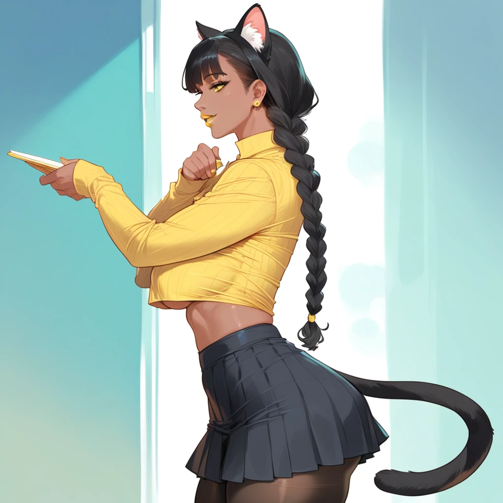mixed_artwork style, 1 girl, standing alone, hands, beautiful woman, Asian, thick, Cat-like girl, Cat ear, double braided hair, Straight bangs with yellow ends, black hair with yellow tips, yellow lipstick, yellow eyes, dark skin, lively smile, mouth piercing, tail, black tights, Eyeliner, thin, very short Yellow blouse underboobs, short Black skirt, realistic, textures, 8K, perfect hand, perfect anatomy, visible curves, Breasts, Yard, Profile